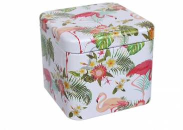 Коробка жестяная "Flamingo&flowers" с закругленными краями белая