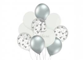 Набор воздушных шаров "Серебрянные сердечки с белым", 10шт. 251-8459
