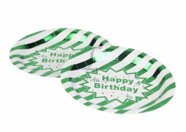 Тарілки паперові "Happy birthday" біло-зелені (big)