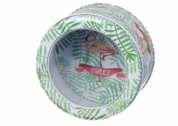 Коробка жестяная круглая "Flamingo Sweet" с прозрачной крышкой бело-зеленая
