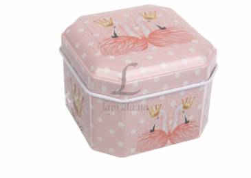 Коробка жестяная "Лебеди" с закругленными краями розовая
