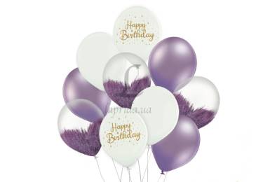 Набор воздушных шаров "Happy birthady" белый, фиолетовый, brush shine 10 шт. в уп. 251-9166